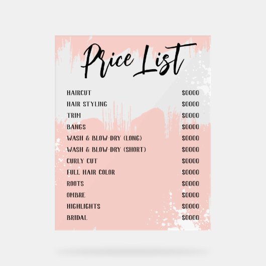 Blush White Paint Spatter Chique Salon prijslijst Acryl Bord (Voorkant)