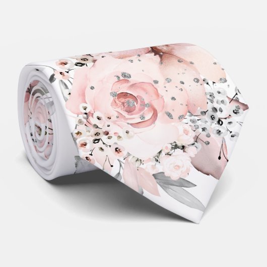 Blush White Pink Silver Greenery Wedding Stropdas (Opgerold)