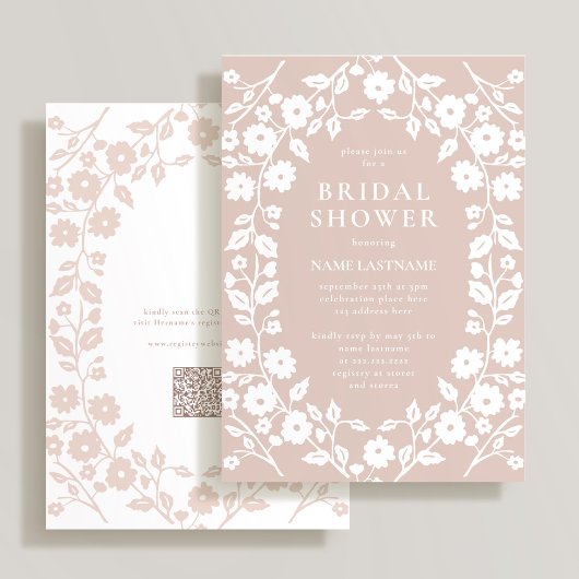 Blush White QR Code Folk Floral Vrijgezellenfeest Kaart