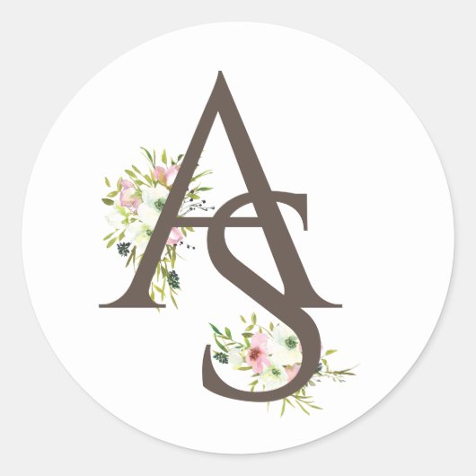 Blush & white rises monogrammen bruiloft ronde sticker (Voorkant)