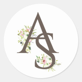 Blush & white rises monogrammen bruiloft ronde sticker