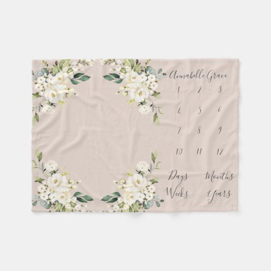Blush White Rose Floral Monthly Baby Milestone Fleece Deken (Voorkant (Horizontaal))