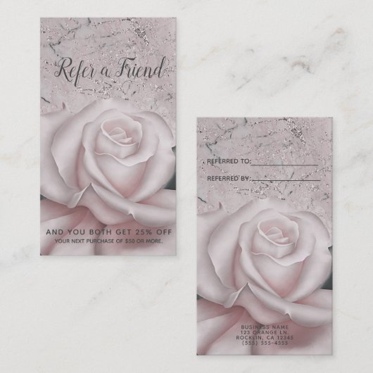 Blush White Rose Glam Modern Marble Refer an Frien Aanbevelingskaartje (Voorkant / Achterkant)