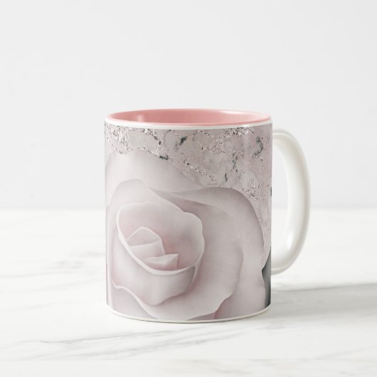 Blush White Rose Glam Modern Marble Shabby Chic Tweekleurige Koffiemok (Voorkant rechts)