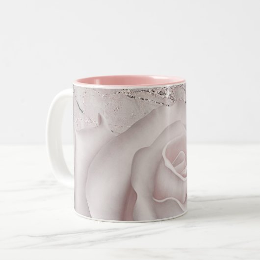 Blush White Rose Glam Modern Marble Shabby Chic Tweekleurige Koffiemok (Voorkant links)