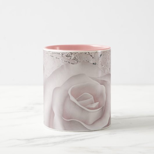 Blush White Rose Glam Modern Marble Shabby Chic Tweekleurige Koffiemok (Center)