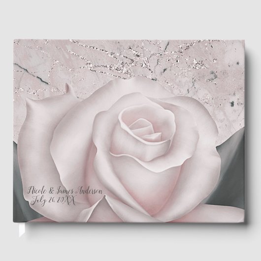 Blush White Rose Modern Marmeren Chic Wedding Gastenboek (Voorkant)