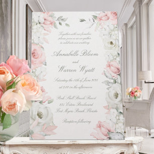 Blush & White Roses Floral Garden Wedding Pearl Kaart