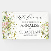 Blush & White roses met gouden wonden bruiloft Spandoek (Horizontaal)