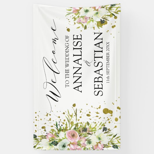 Blush & White roses met gouden wonden bruiloft Spandoek (Verticaal)