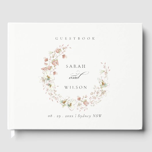 Blush White Rustic Meadow Floral Wreath Wedding Gastenboek (Voorkant)