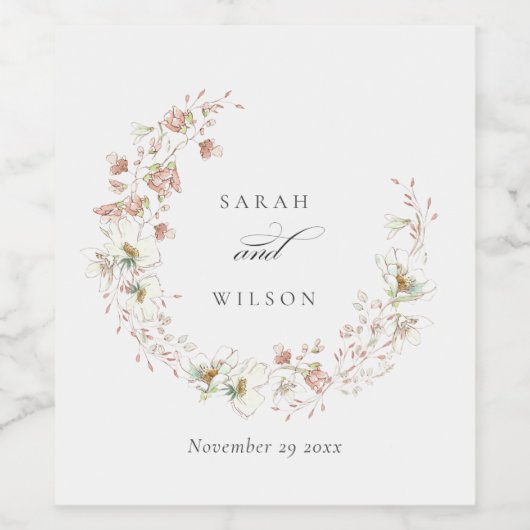 Blush White Rustic Meadow Floral Wreath Wedding Wijn Etiket (Enkel label)