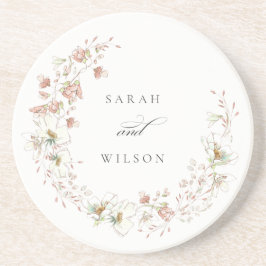 Blush White Rustic Meadow Floral Wreath Wedding Zandsteen Onderzetter