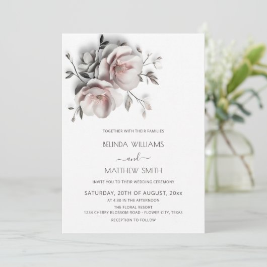 Blush White Textured Roses Simple Wedding Kaart (Staand voorkant)