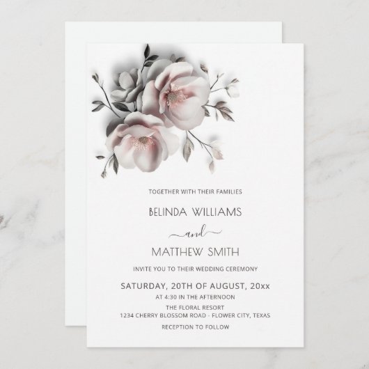 Blush White Textured Roses Simple Wedding Kaart (Voorkant / Achterkant)