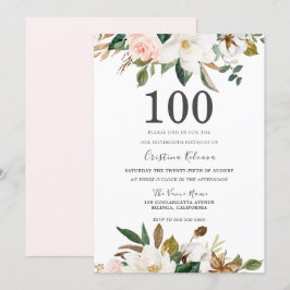 Blush & White Waterverf Flowers 100th Birthday Kaart