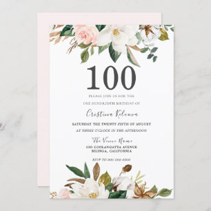 Blush & White Waterverf Flowers 100th Birthday Kaart