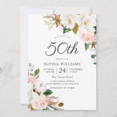 Blush White Waterverf Flowers 50th Birthday Party Kaart (Voorkant)
