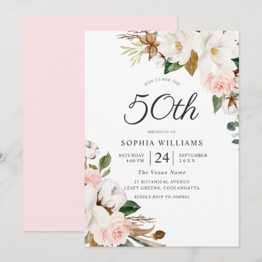 Blush White Waterverf Flowers 50th Birthday Party Kaart (Voorkant / Achterkant)