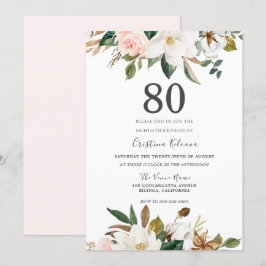 Blush & White Waterverf Flowers 80th Birthday Kaart