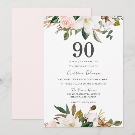 Blush & White Waterverf Flowers 90th Birthday Kaart (Voorkant / Achterkant)