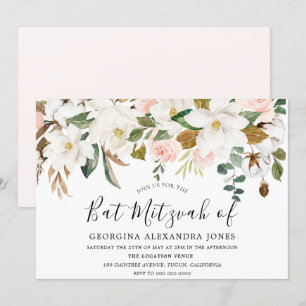 Blush & White Waterverf Flowers Bat Mizvah Kaart