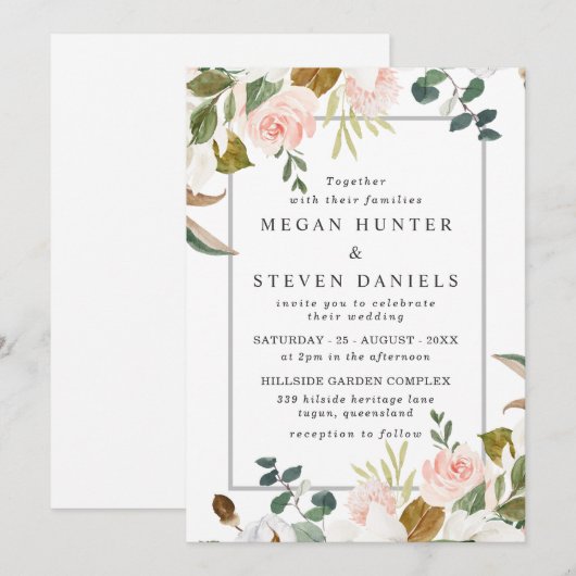 Blush & White Waterverf Flowers Border Weddenschap Kaart (Voorkant / Achterkant)