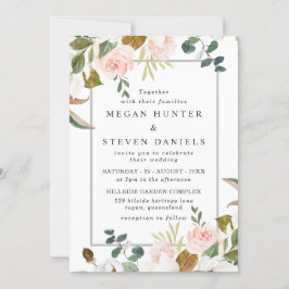 Blush & White Waterverf Flowers Border Weddenschap Kaart