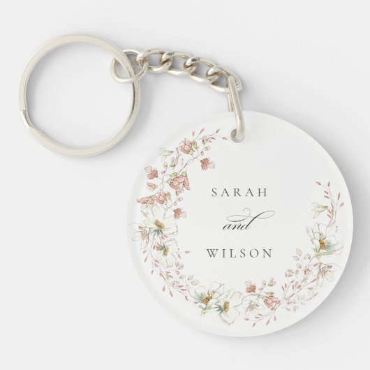 Blush White Yellow Meadow Floral Wreath Wedding Sleutelhanger (Voorkant)