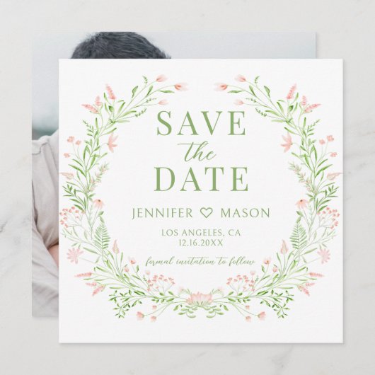 Blush Widflower Bewaar de datum foto uitnodiging (Voorkant / Achterkant)