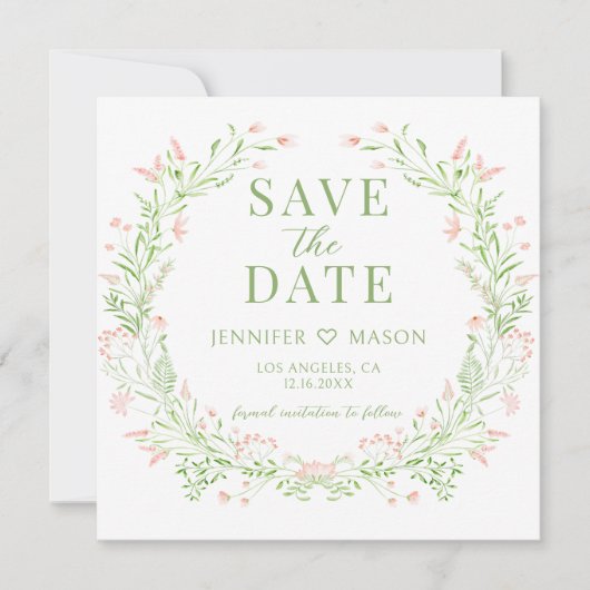 Blush Widflower Bewaar de datum foto uitnodiging (Voorkant)