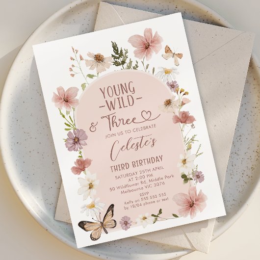 Blush Wilde Bloem Jonge Wilde Drie 3de Verjaardag Kaart