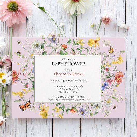 Blush wilde bloemen, bijen en vlinders Baby shower Kaart