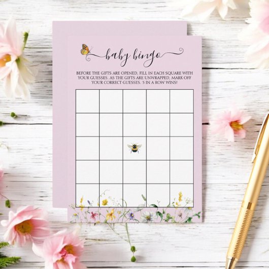 Blush wilde bloemen, bijen en vlinders Bingo spel Informatiekaartje