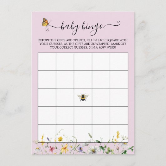 Blush wilde bloemen, bijen en vlinders Bingo spel Informatiekaartje (Voorkant)