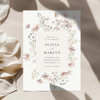 Blush Wildflower Elegant Serif Wedding Invitation Kaart