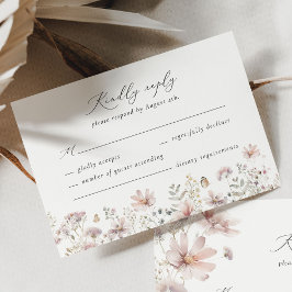 Blush Wildflower Floral Border Wedding RSVP Card Kaartje