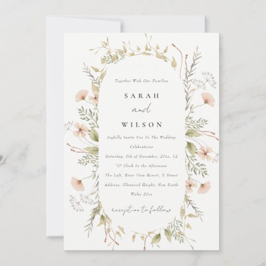 Blush Wildflower Floral Wreath Wedding Invite Bedankkaart (Voorkant)