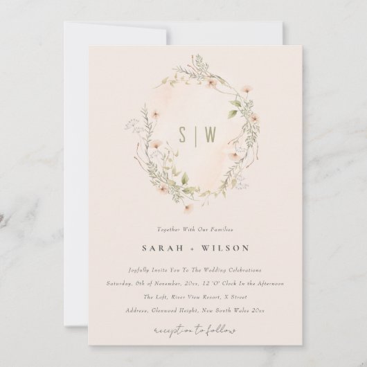 Blush Wildflower Floral Wreath Wedding Invite Bedankkaart (Voorkant)