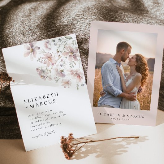 Blush Wildflower Minimal Boho Wedding Invitation Kaart