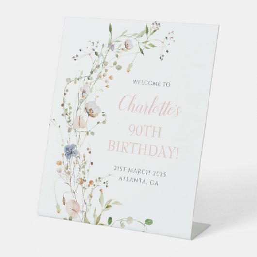 Blush Wildflowers 90e verjaardag Welkom Reclamebord Met Voetstuk (Voorkant)