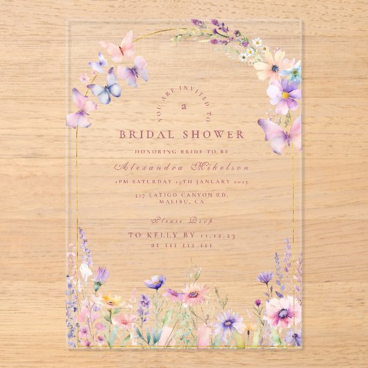 Blush Wildflowers and Butterflies Bridal Shower Acryl Uitnodigingen (Voorkant)