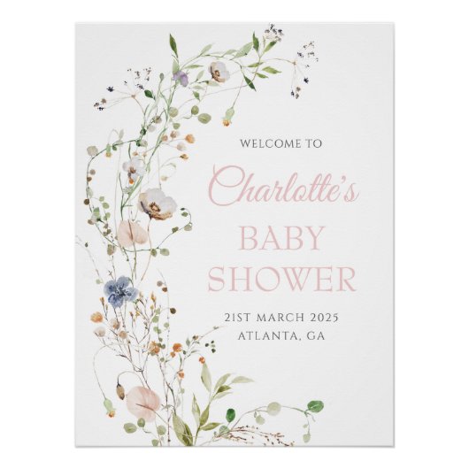 Blush Wildflowers Baby shower Welkom Perfect Poster (Voorkant)