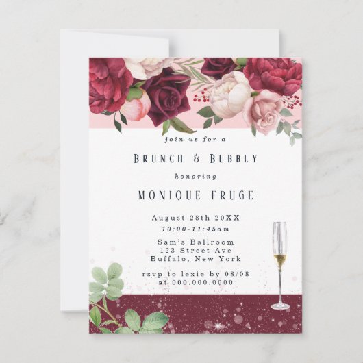 Blush Wine Peony Glitter Brunch & Bubble Invites Kaart (Voorkant)