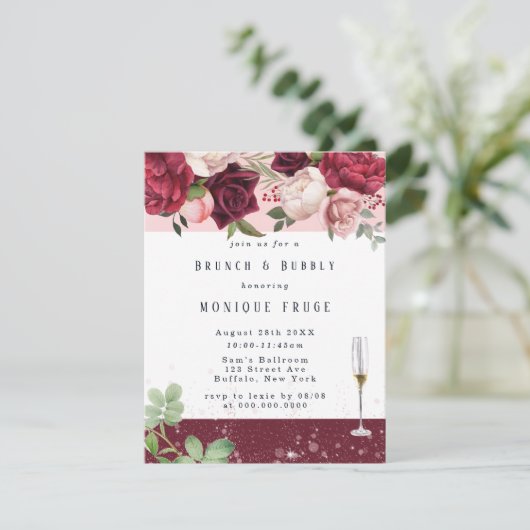 Blush Wine Peony Glitter Brunch & Bubble Invites Kaart (Staand voorkant)