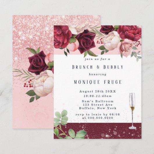 Blush Wine Peony Glitter Brunch & Bubble Invites Kaart (Voorkant / Achterkant)