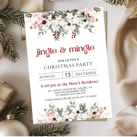 Blush Winter Floral Jingle & Mingle Christmas Part Feestdagenkaart