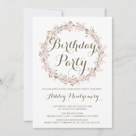 Blush Winter Wreath Birthday Party Invitation Kaart (Voorkant)