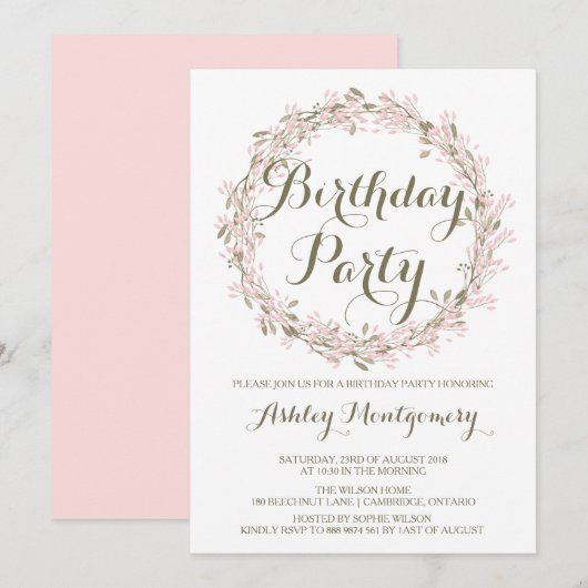 Blush Winter Wreath Birthday Party Invitation Kaart (Voorkant / Achterkant)