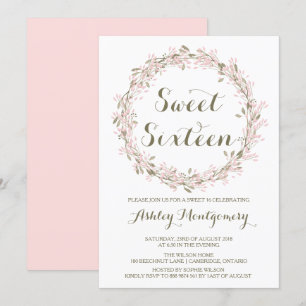 Blush Winter Wreath Sweet Sixteen Party Invitation Kaart